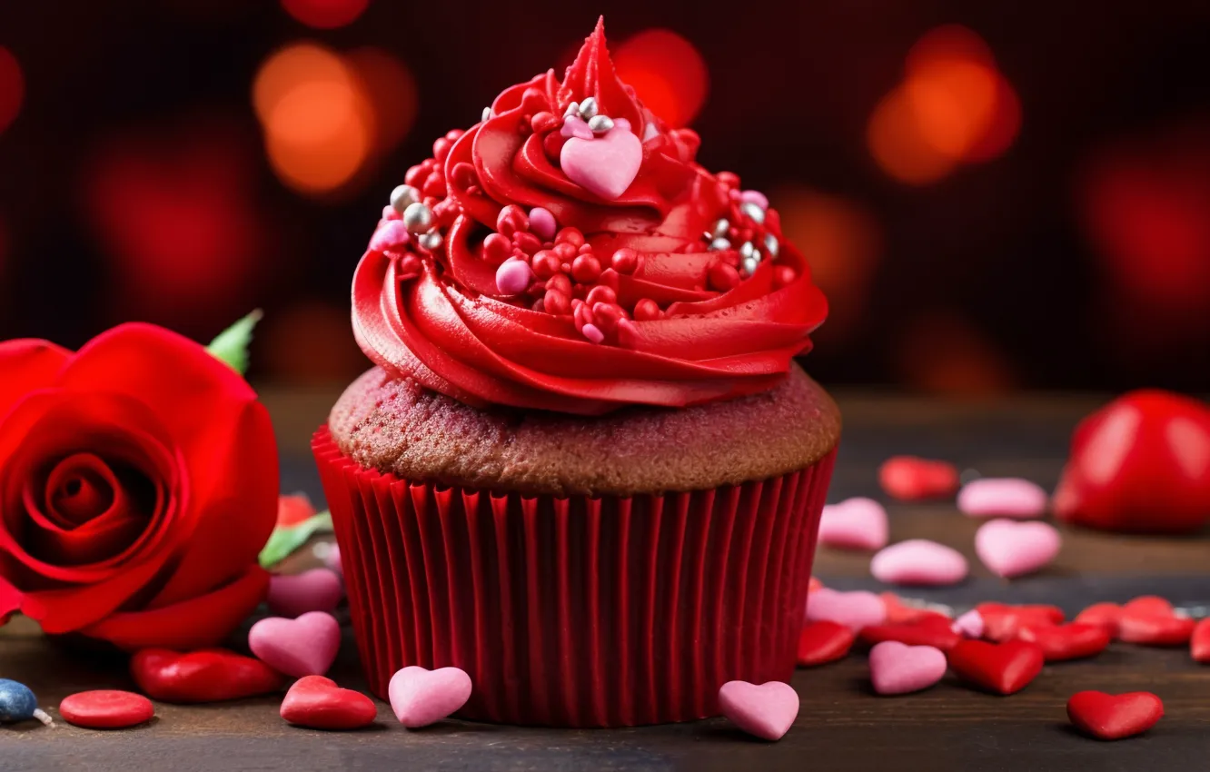 Photo wallpaper roses, hearts, cream, dessert