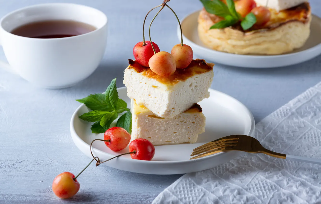 Photo wallpaper cherry, berries, table, tea, pie, mug, Cup, plug