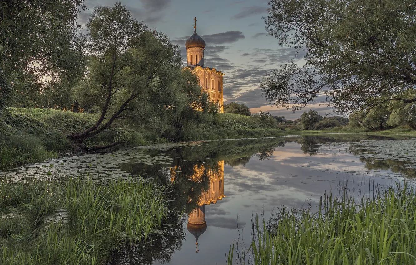 Photo wallpaper landscape, nature, reflection, river, shore, the evening, backlight, Church