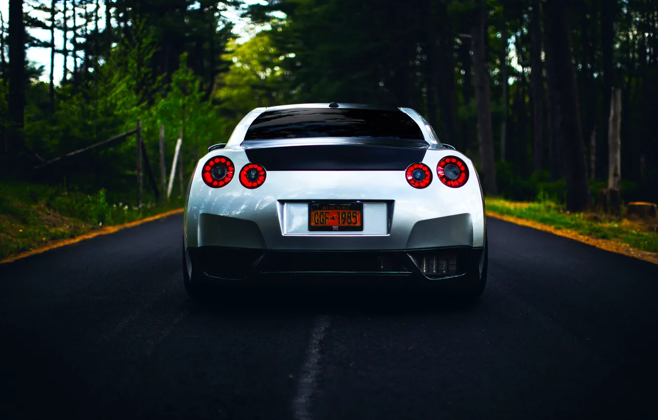 Photo wallpaper GTR, Nissan, R35, Road, Silver, Forest, Rear, Ligth