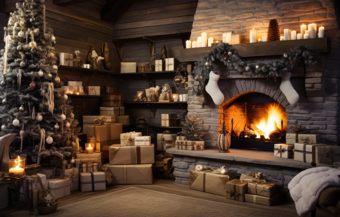 Photo wallpaper lights, comfort, heat, room, flame, furniture, new year, home