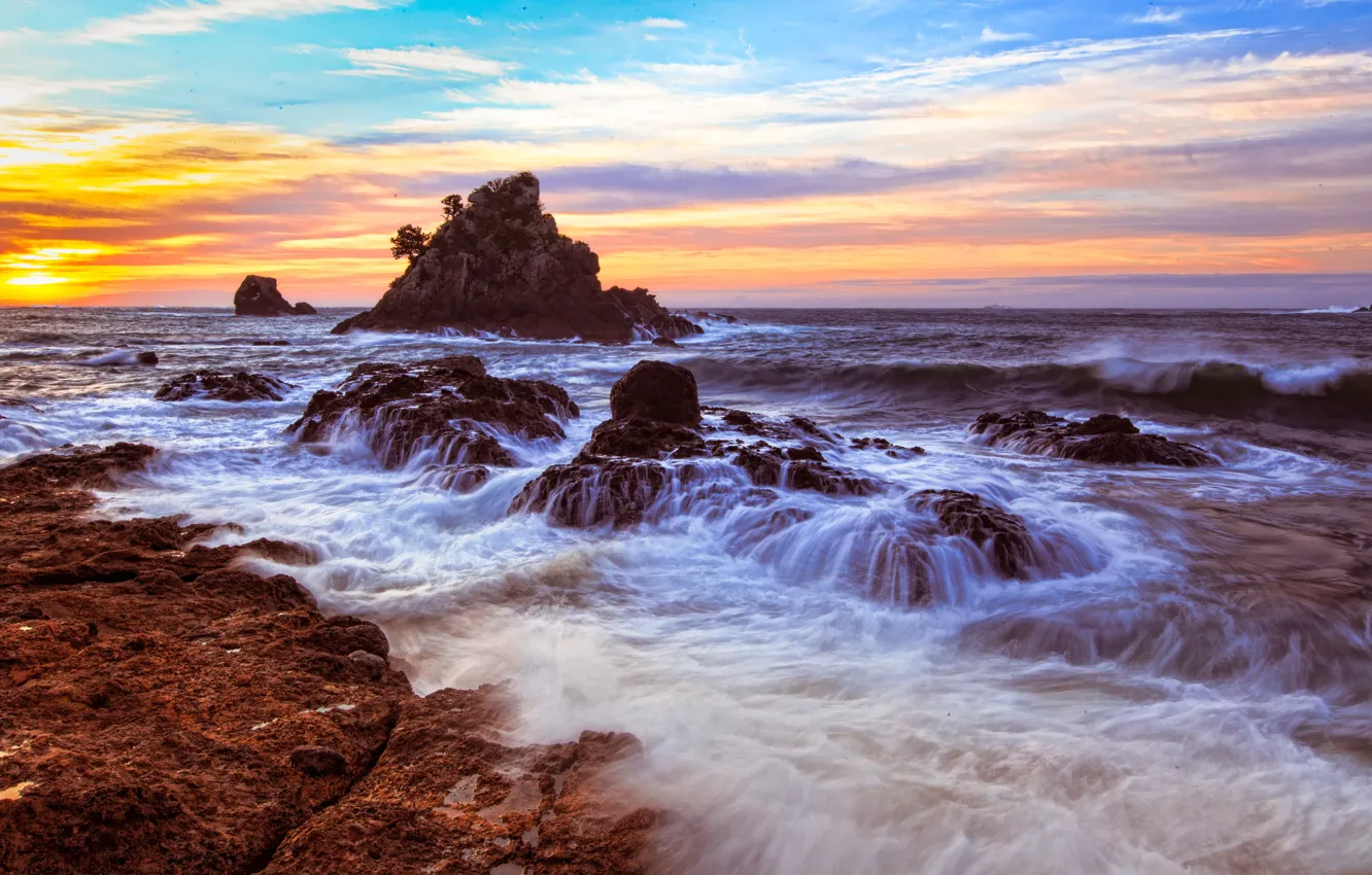 Photo wallpaper sea, wave, the sky, landscape, sunset, stones, rocks, shore