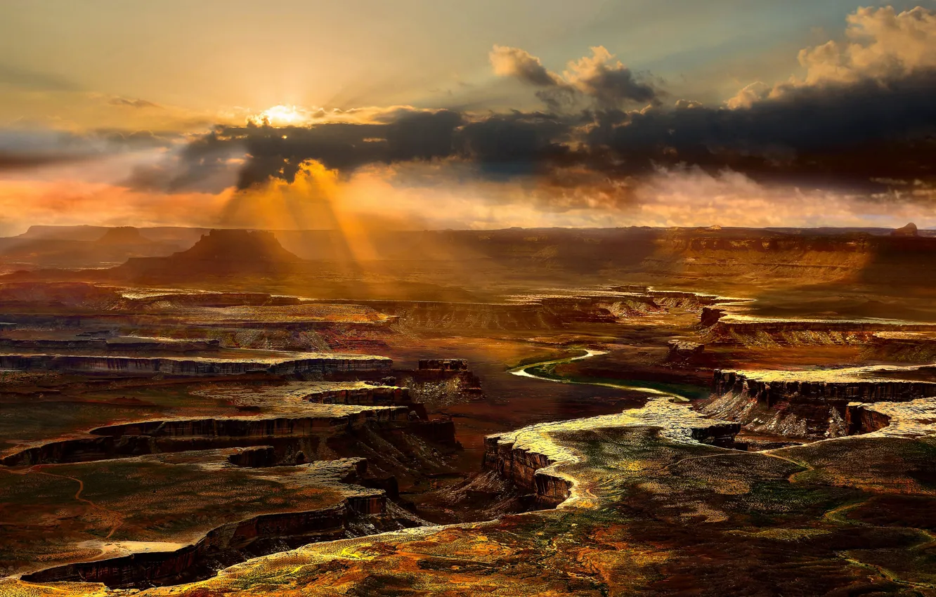 Photo wallpaper the sky, the sun, clouds, light, landscape, clouds, nature, river