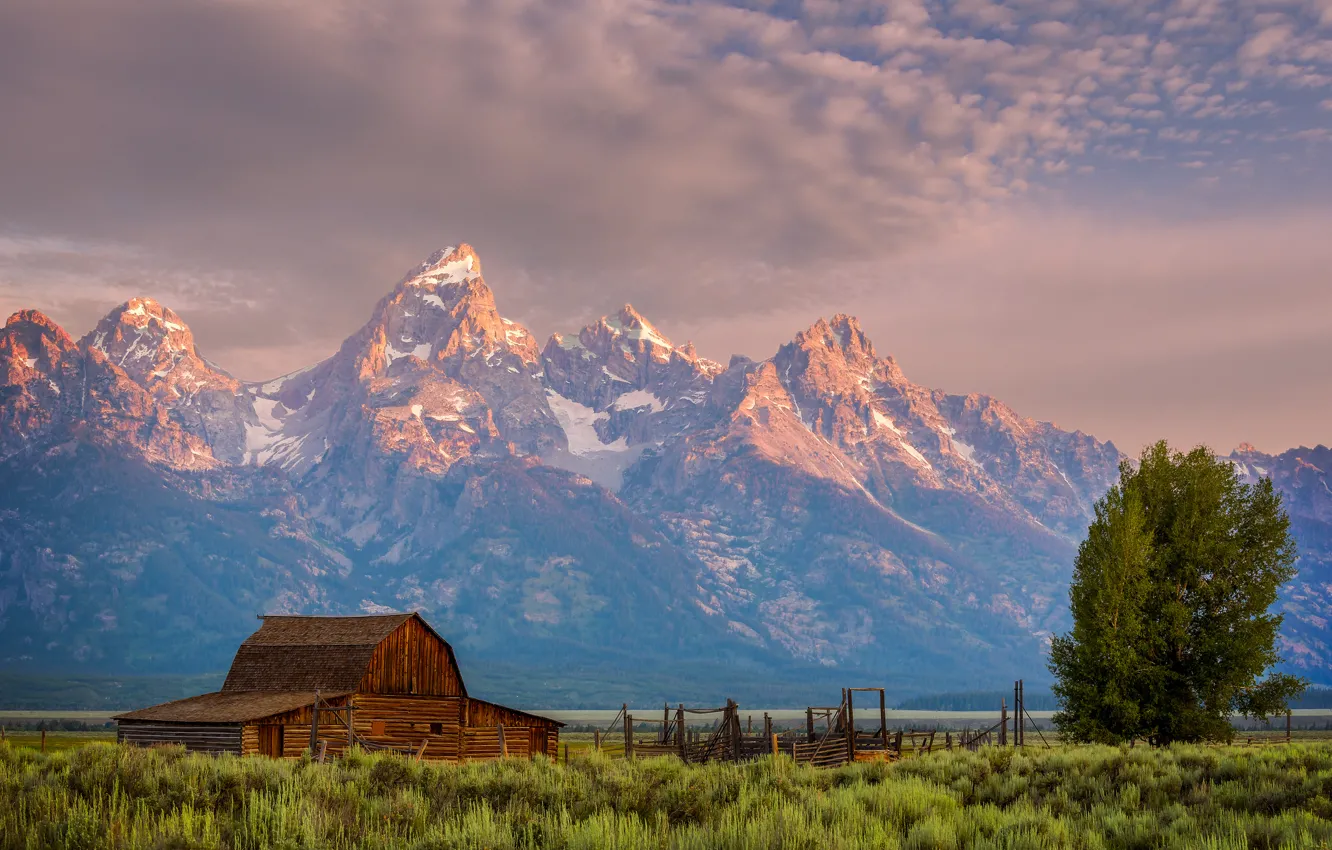 Photo wallpaper the sky, clouds, trees, mountains, the evening, house, USA, national Park