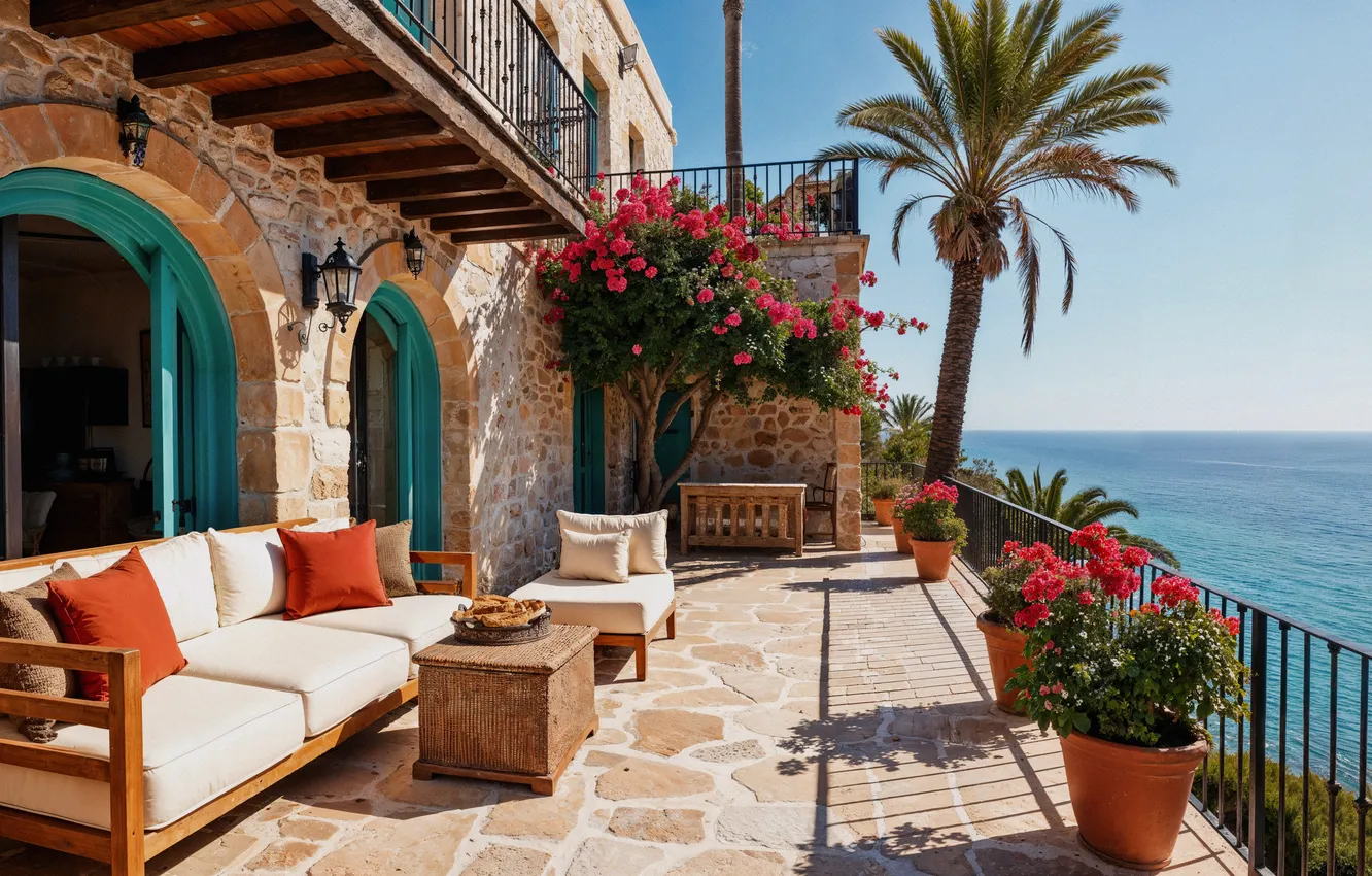 Photo wallpaper sea, the sun, home, summer, house, sunshine, vacation, flowering