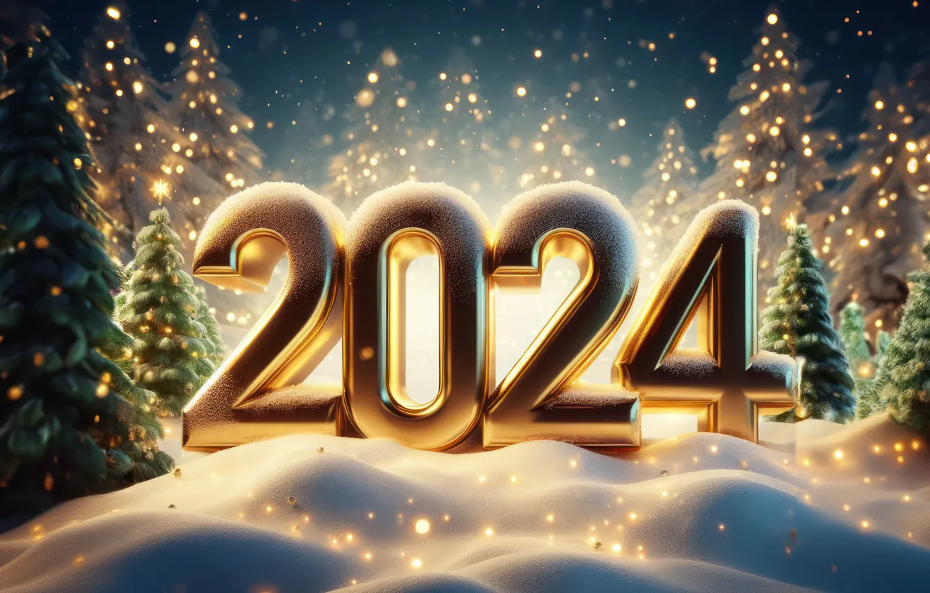 Photo wallpaper new year, figures, golden, winter, snow, New Year, decoration, numbers