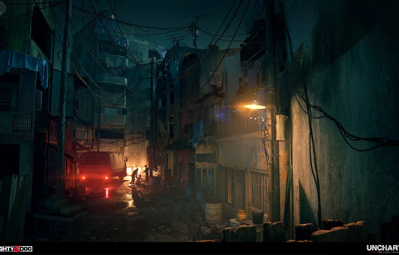 Photo wallpaper night, street, car, showdown, light, Uncharted The Lost Legacy, Occupied City