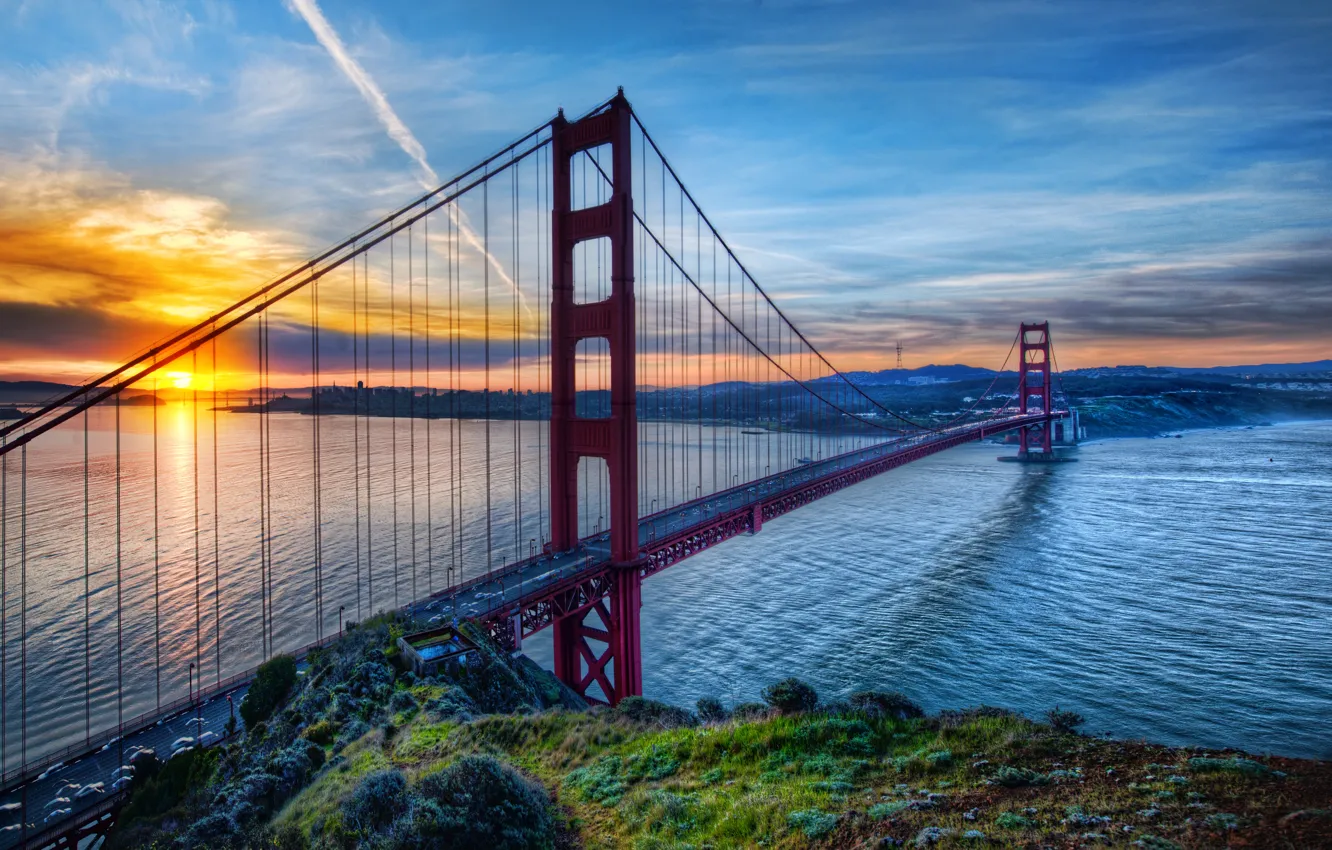 Photo wallpaper the sky, water, sunset, CA, Golden Gate, USA, Golden Gate Bridge, San Francisco