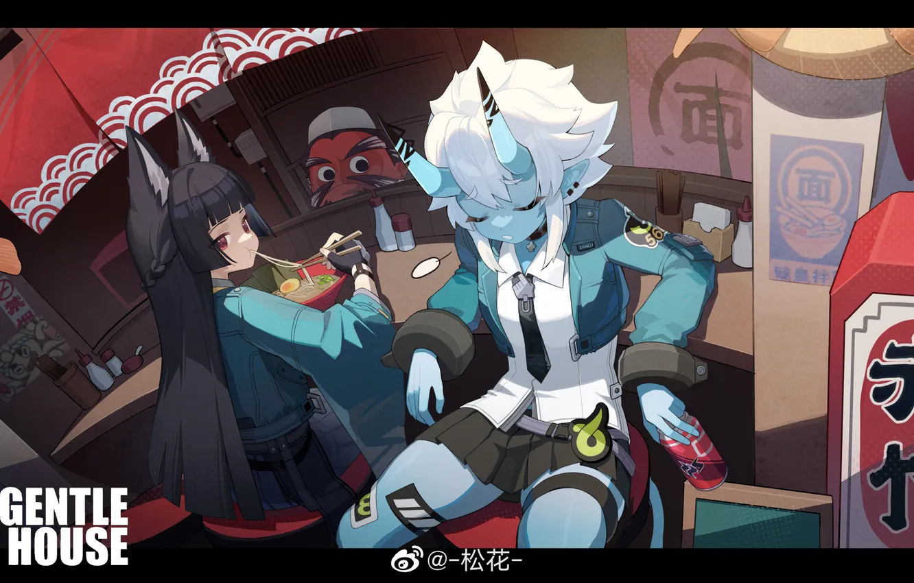 Photo wallpaper girl, ears, street cafe, youkai, soukaku, hoshimi miyabi, Zenless Zone Zero