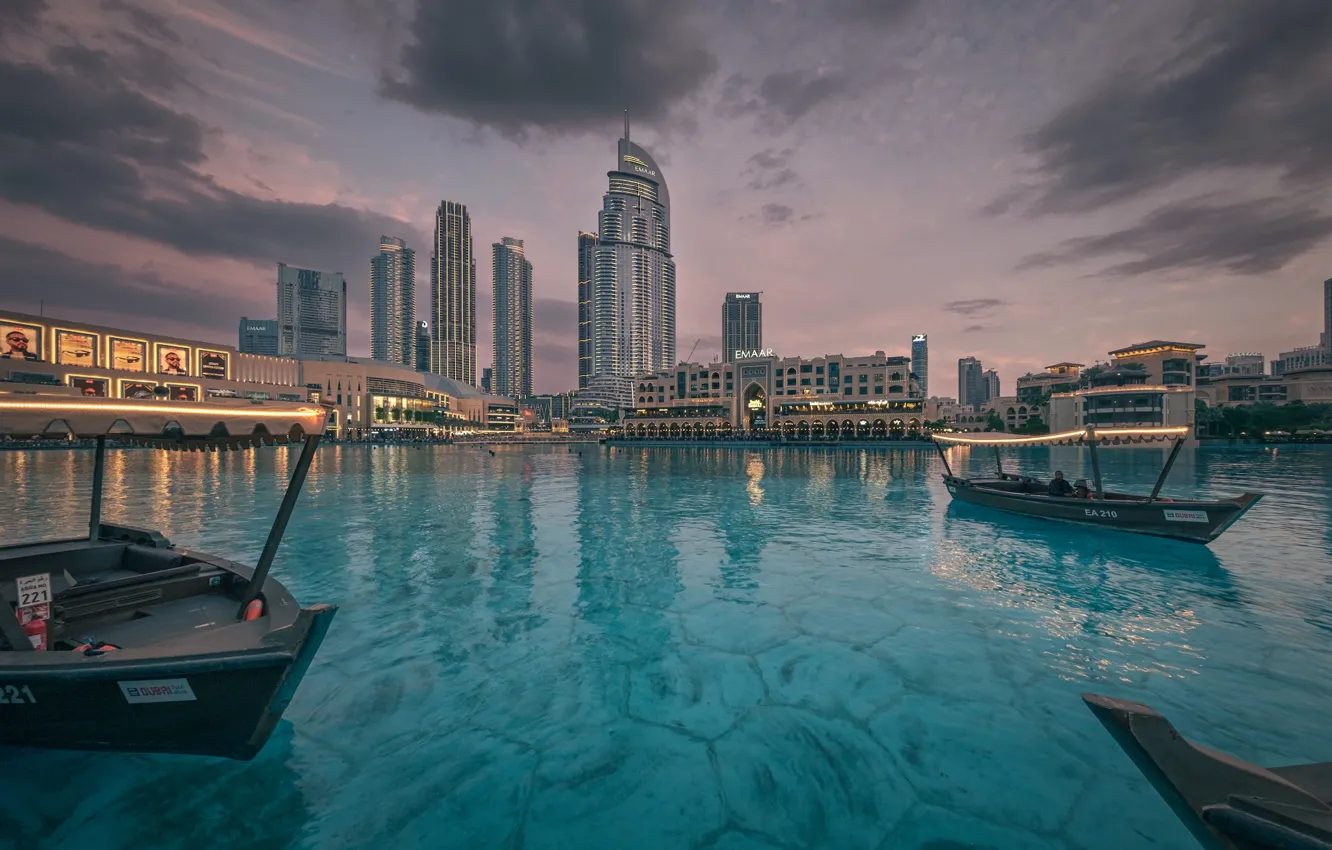 Photo wallpaper water, the city, boat, building, Dubai, UAE, Andrei