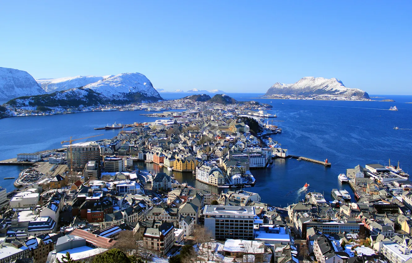 Photo wallpaper winter, sea, snow, landscape, mountains, island, home, port