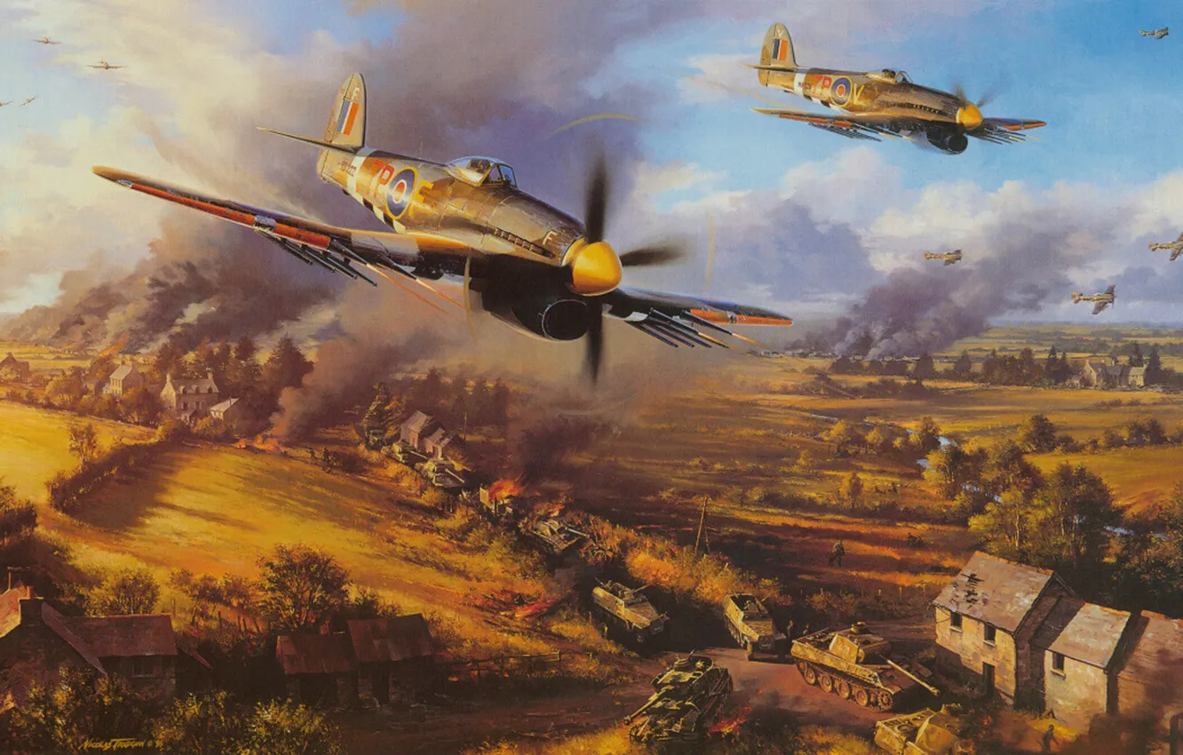 Photo wallpaper the sky, the plane, attack, smoke, home, tank, battlefield