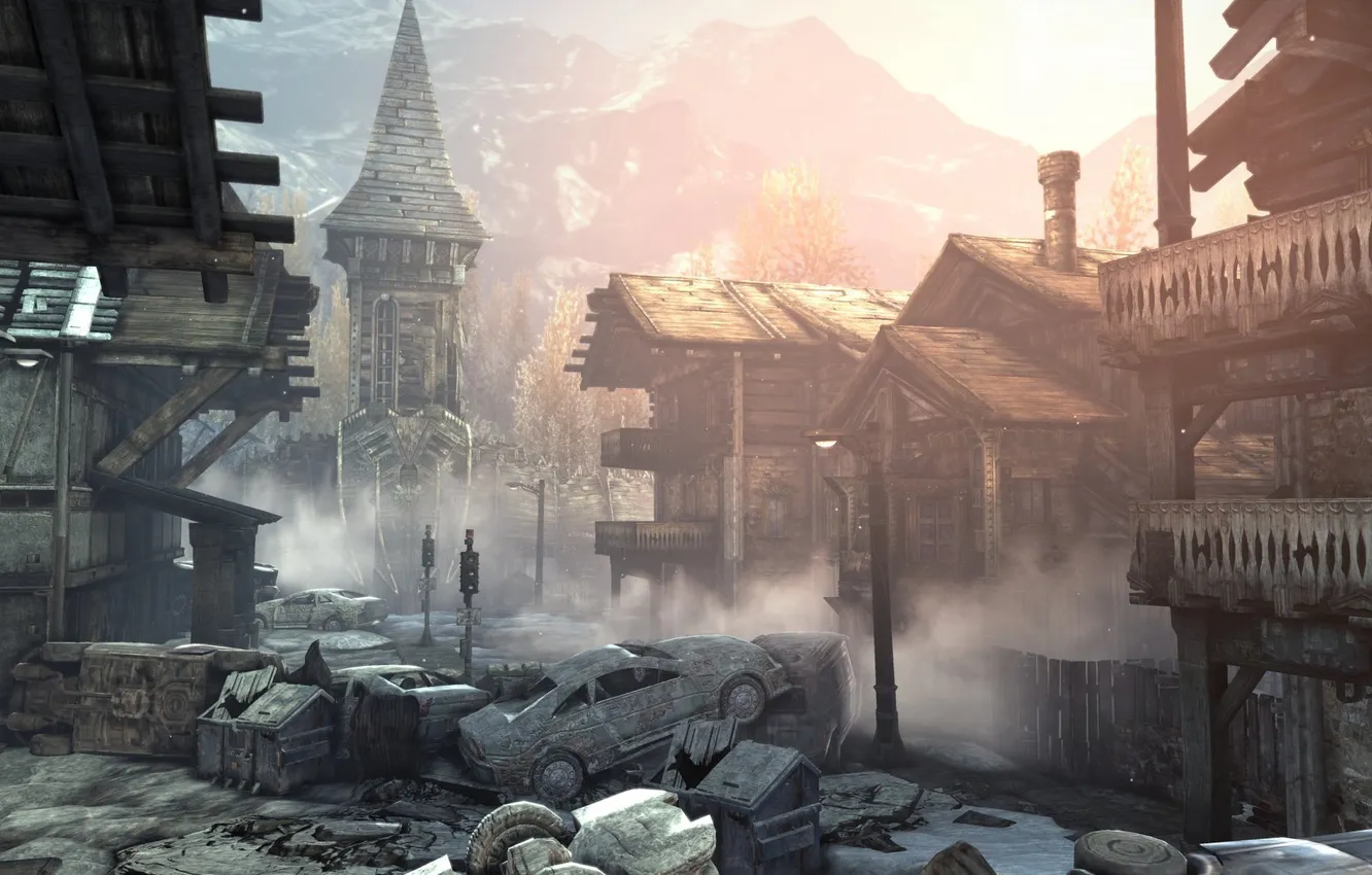 Photo wallpaper machine, mountains, the city, home, devastation, village, gears of war 2, hut