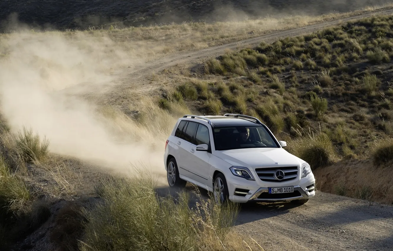 Photo wallpaper road, white, Mercedes-Benz, dust, jeep, Mercedes, the bushes, GLK