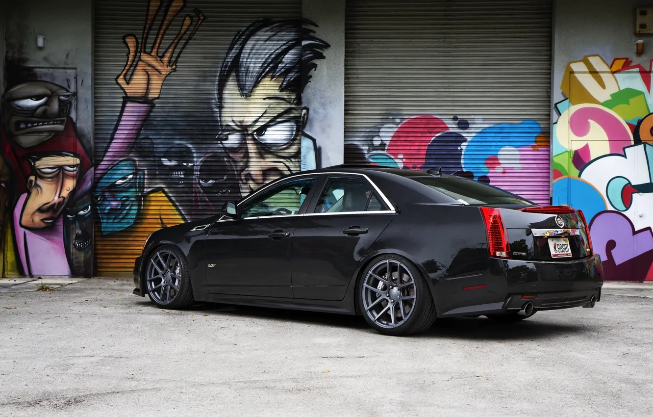 Photo wallpaper black, Cadillac, grafiti, black, CTS-V, Cadillac