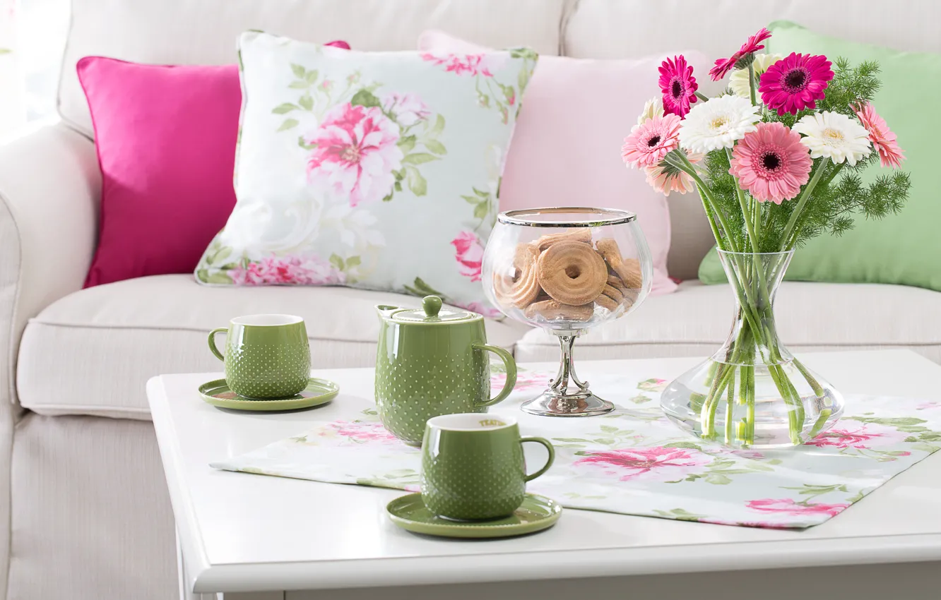 Photo wallpaper flowers, tea, cookies