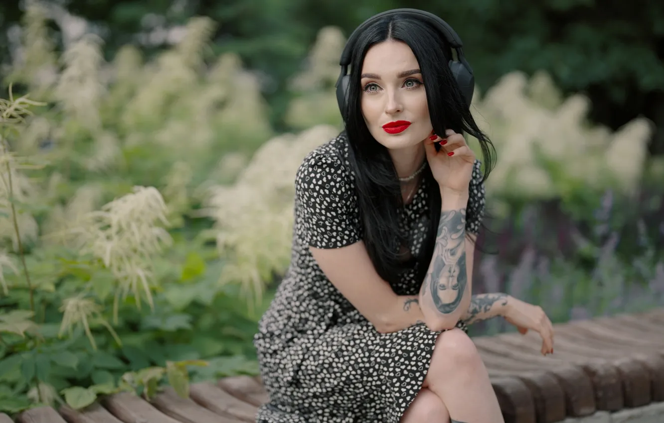 Photo wallpaper girl, sexy, Wallpaper, sweetheart, model, bright, makeup, headphones