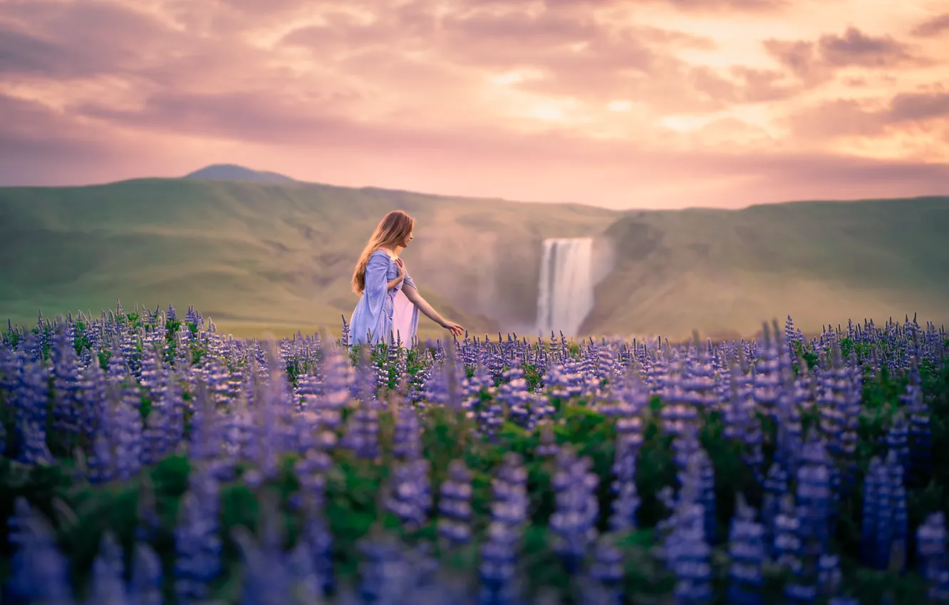 Photo wallpaper field, girl, clouds, flowers, mountains, nature, pose, fog