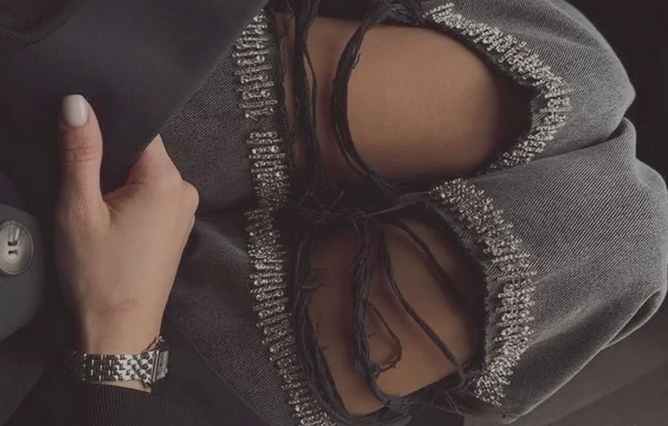 Photo wallpaper girl, watch, manicure, slender legs, denim pants