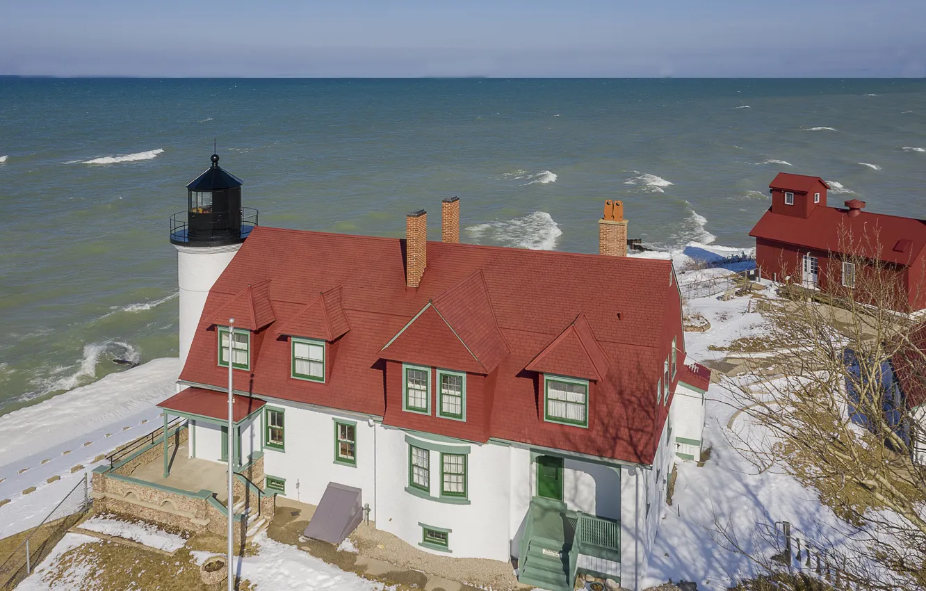 Photo wallpaper sea, snow, lighthouse, House