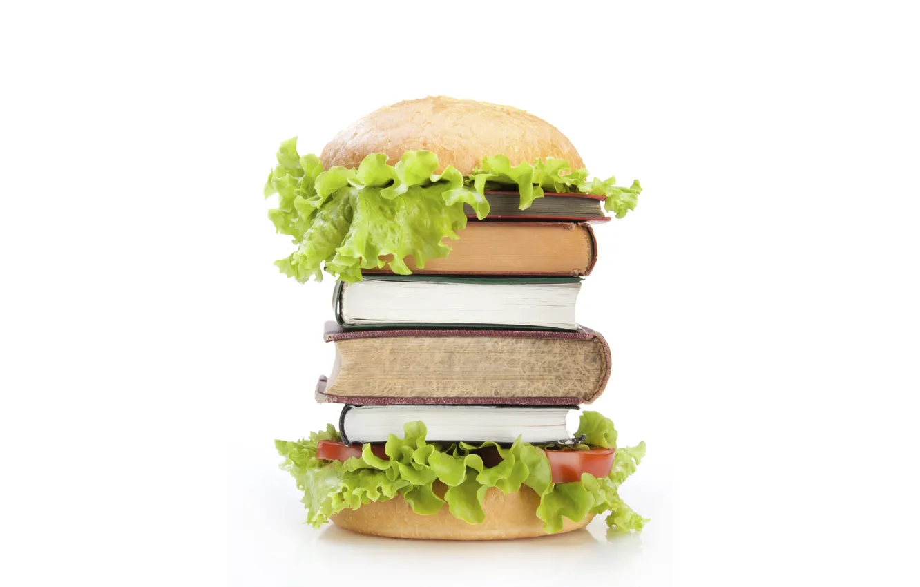 Photo wallpaper books, hamburger, roll, salad, food for thought