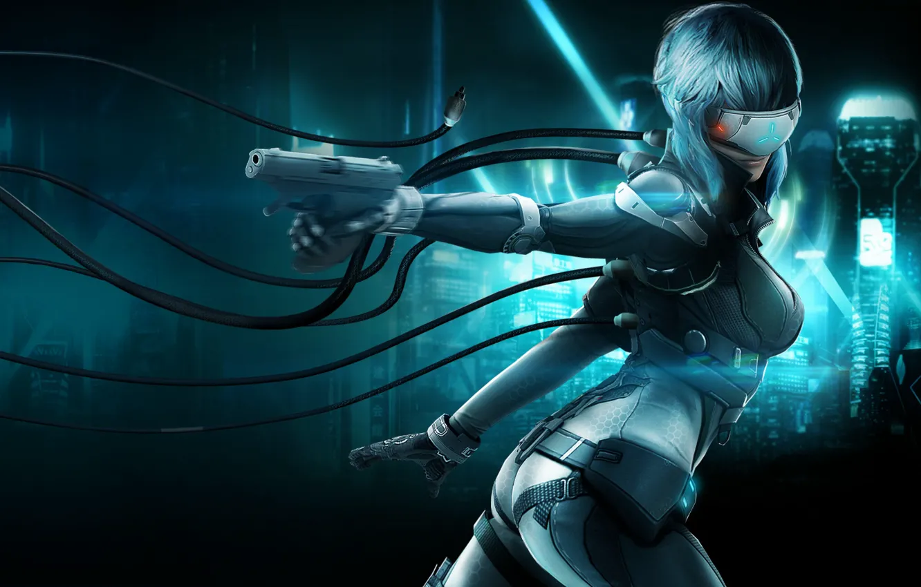 Photo wallpaper girl, gun, weapons, fiction, wire, glasses, costume, cyborg