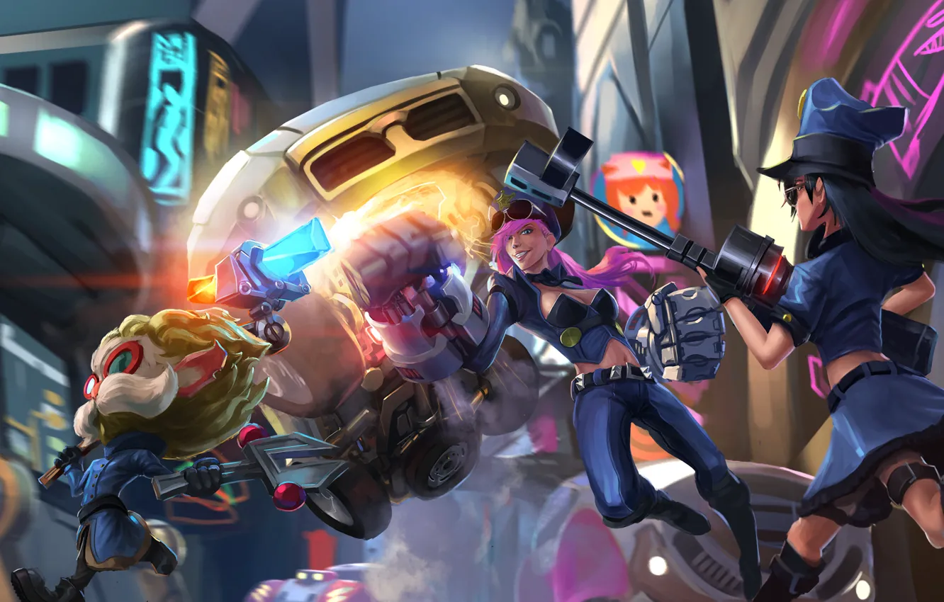 Photo wallpaper League of Legends, Caitlyn, LoL, Sheriff of Piltover, Piltover Enforcer, Revered Inventor, Heimerdinger