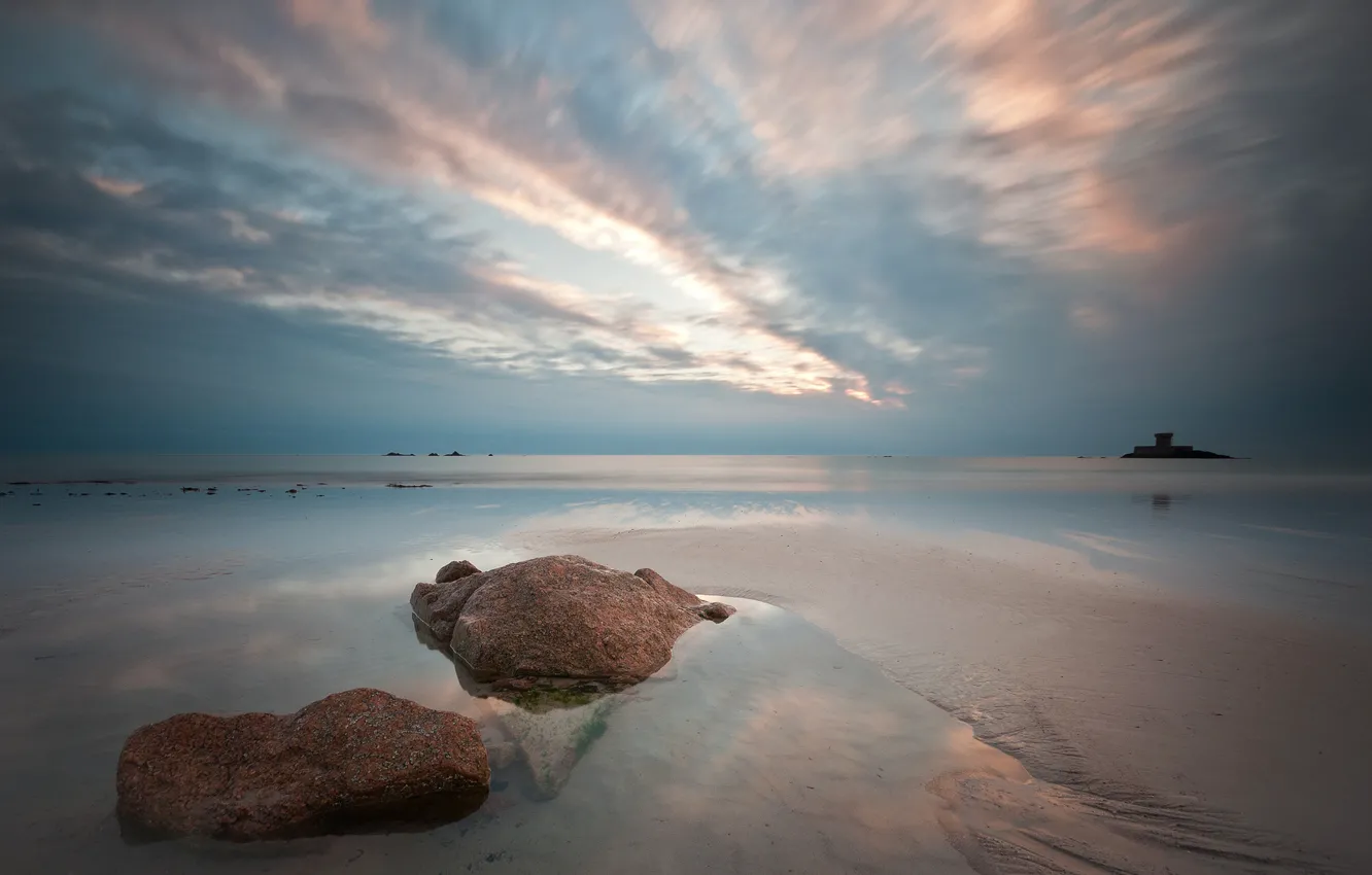 Photo wallpaper sand, sea, beach, sunset, stones