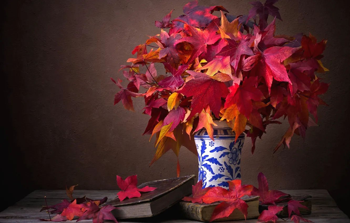 Photo wallpaper leaves, style, retro, the dark background, table, books, old, bouquet