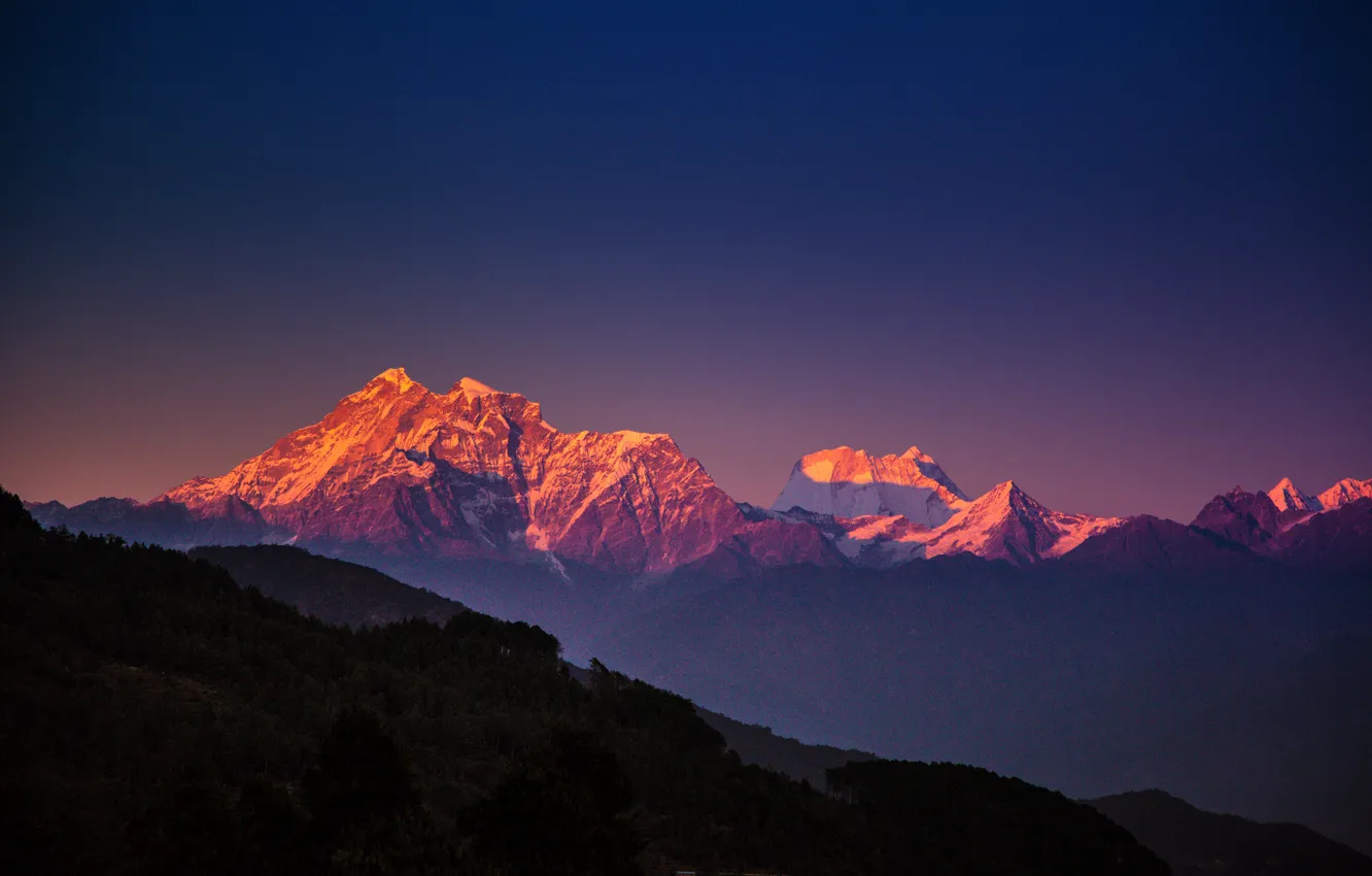 Photo wallpaper the sky, trees, mountains, the evening, blue, The Himalayas, Nepal