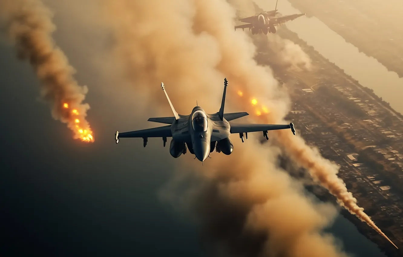 Photo wallpaper Smoke, River, Aircraft, Fire, Flight, Two, Fighters, Digital art