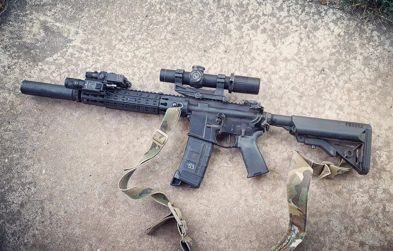 Photo wallpaper weapons, optics, strap, muffler, assault rifle