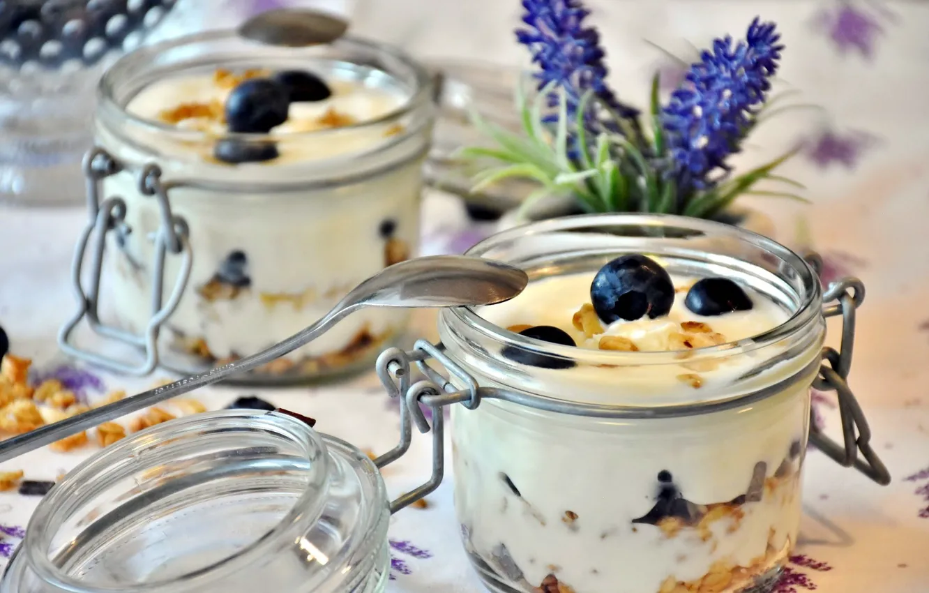Photo wallpaper flowers, ice cream, dessert, sweet, blueberries