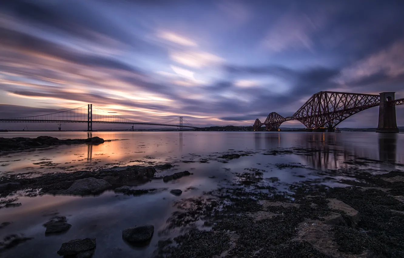Photo wallpaper the sky, clouds, bridge, river, the evening, Scotland, UK, river