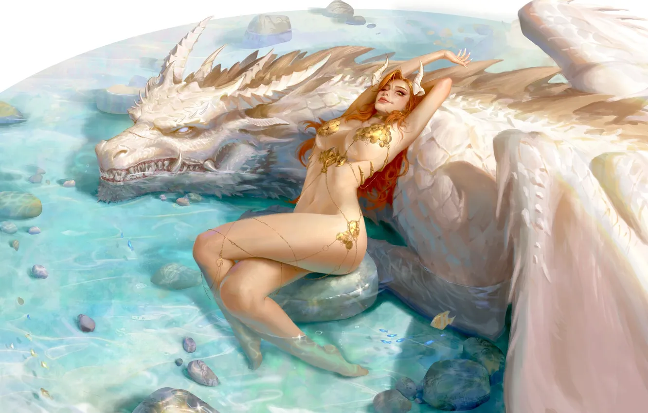 Photo wallpaper girl, fantasy, horns, water, wings, dragon, digital art, body