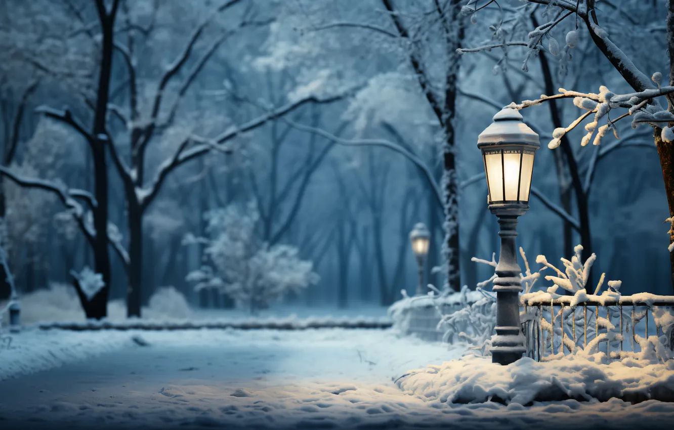 Photo wallpaper winter, frost, light, snow, trees, night, branches, Park