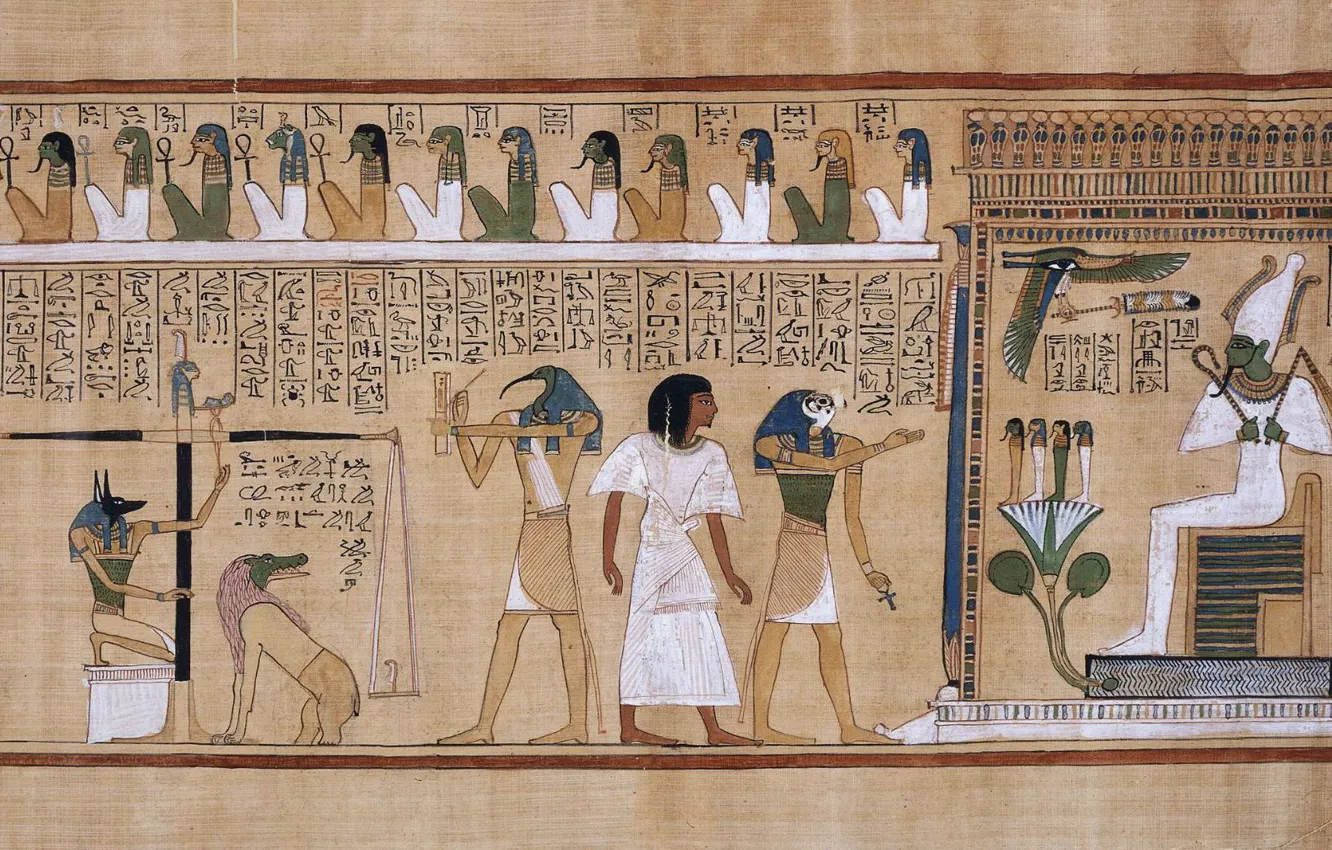 Photo wallpaper drawing, writing, parchment, hieroglyphics, Ancient Egypt, judgement of the dead in the presence of Osiris