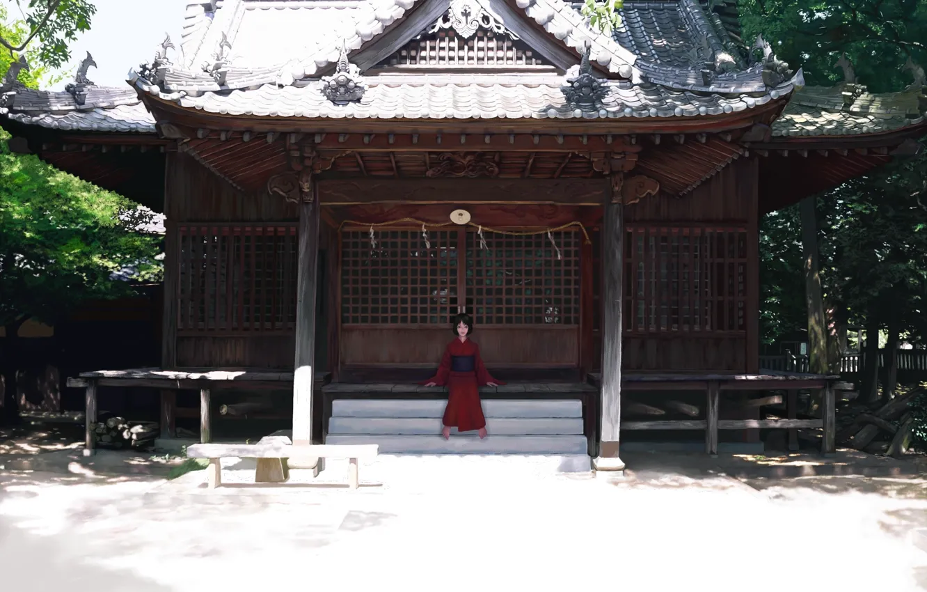 Photo wallpaper girl, house, art, temple, kimono, yukata, Sunny, erhu