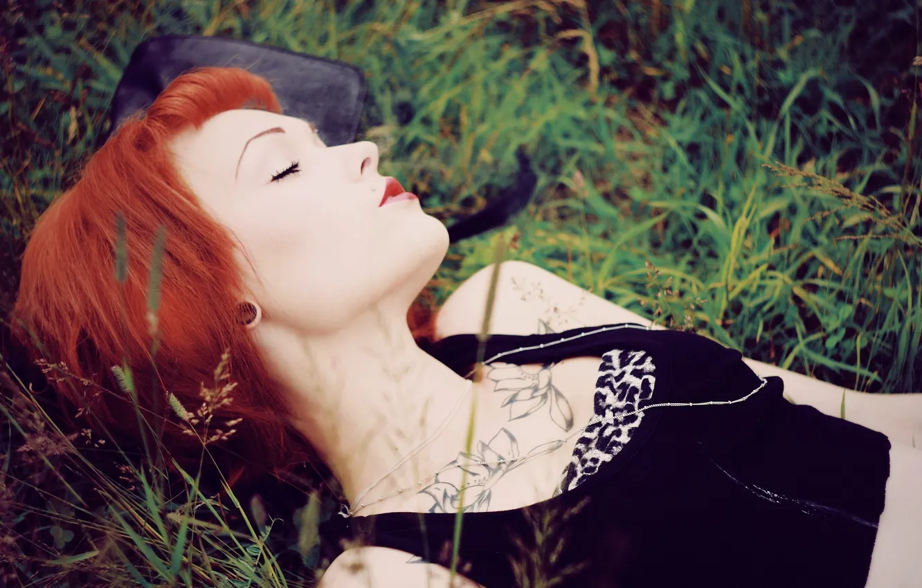 Photo wallpaper grass, girl, green, hair, tattoo, red
