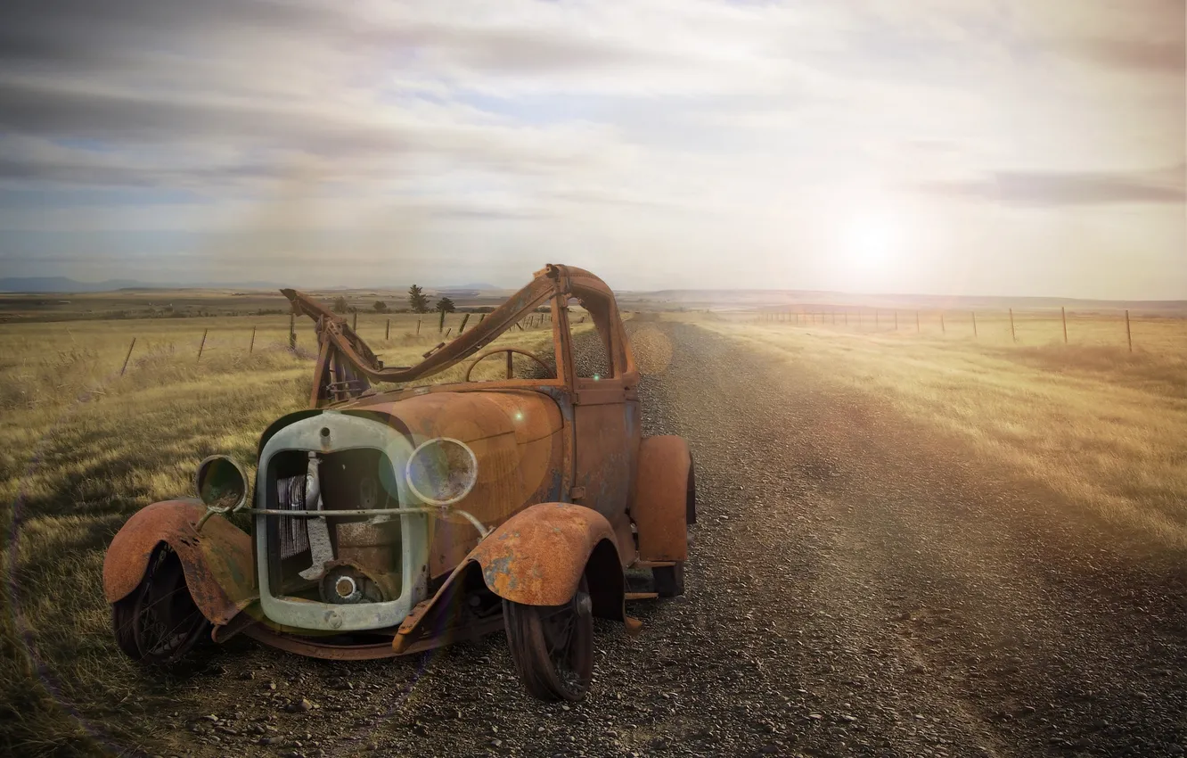 Photo wallpaper road, machine, scrap