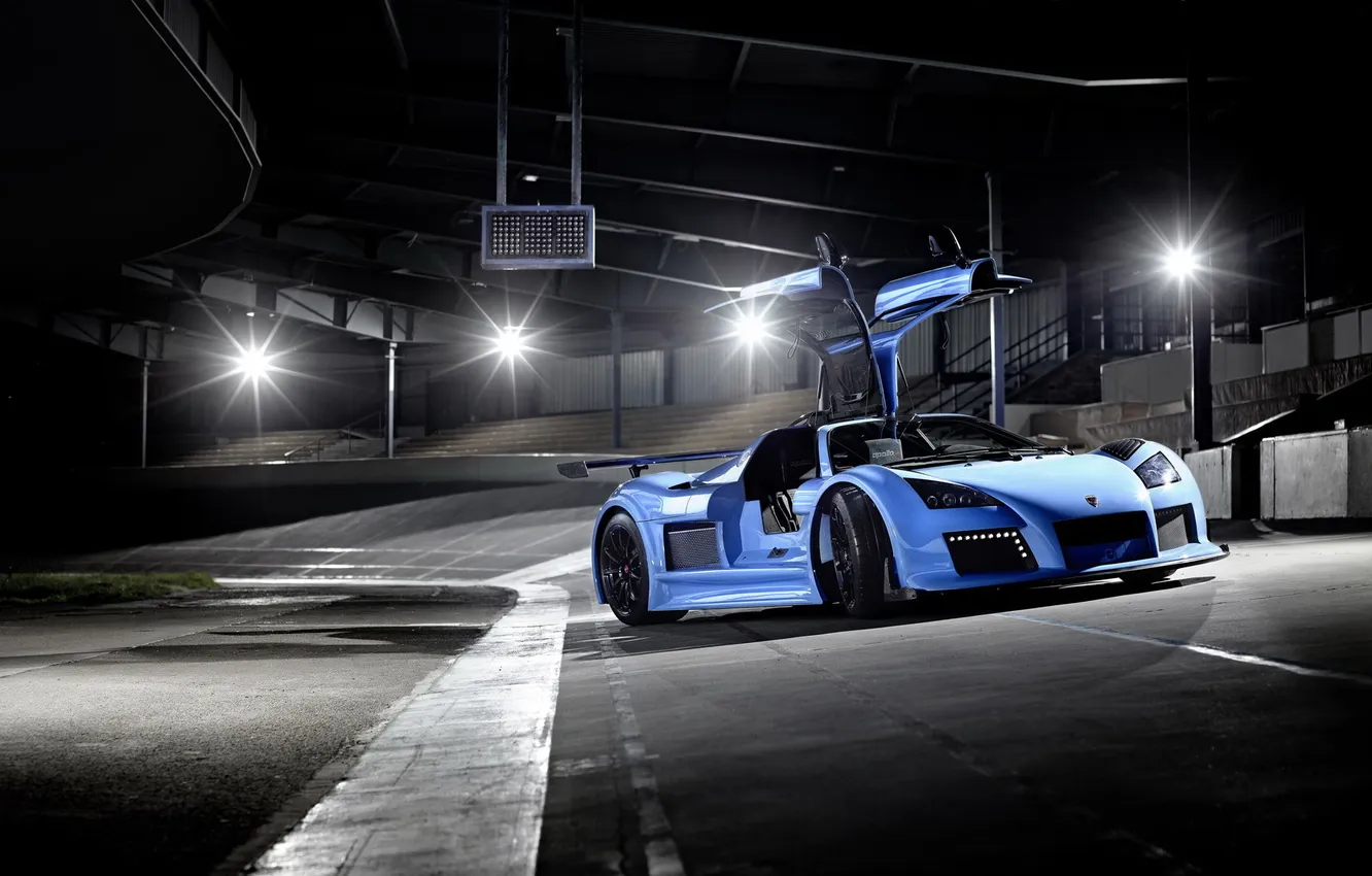 Photo wallpaper night, lights, supercar, Gumpert, track, stadium, Apollo S