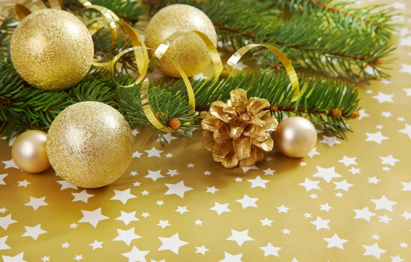 Photo wallpaper branches, tree, gold, needles, stars, bumps