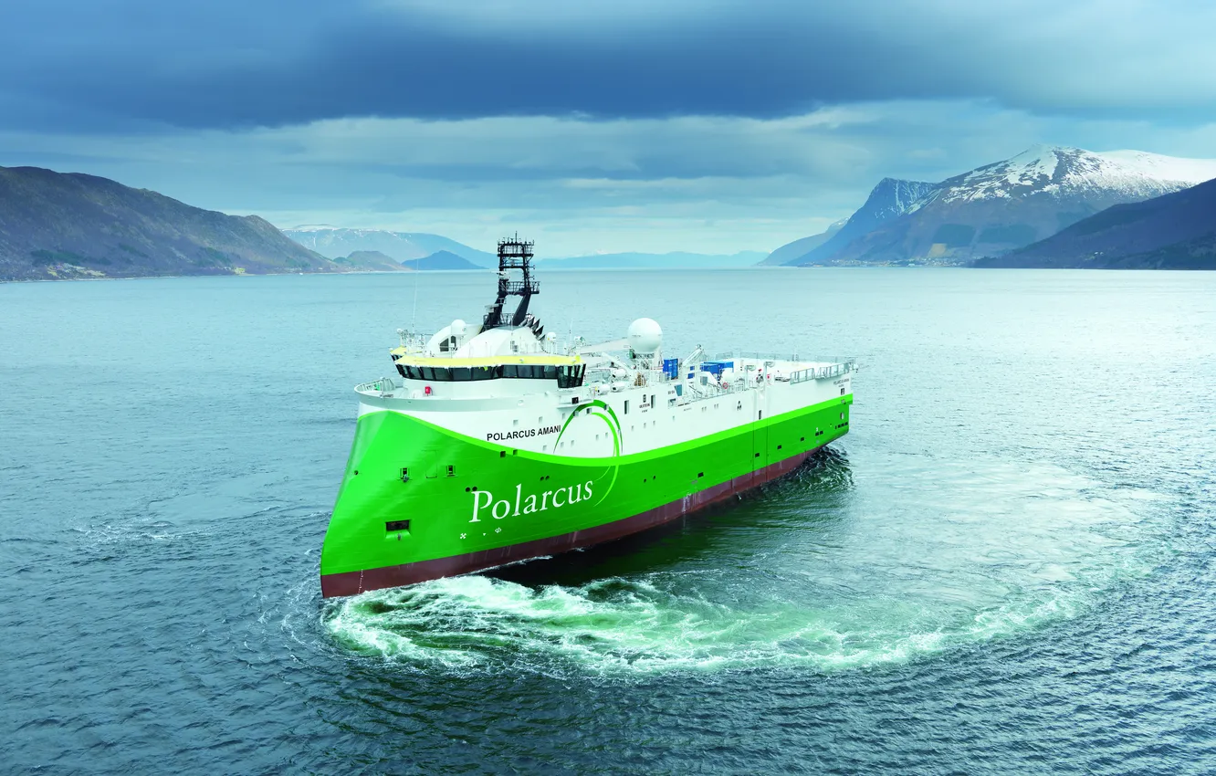 Photo wallpaper sea, the sky, clouds, snow, mountains, ship, Bay, North