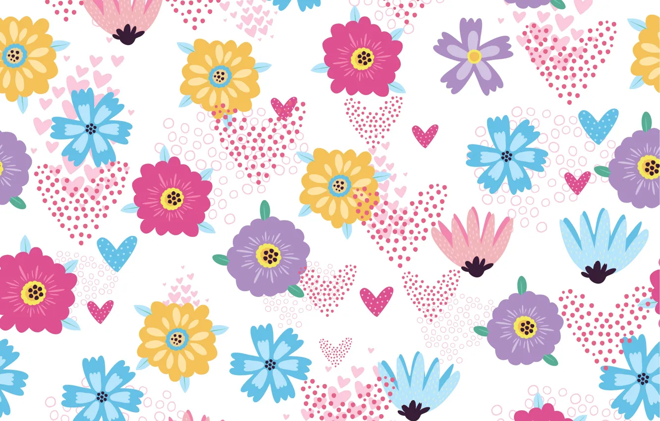 Photo wallpaper texture, hearts, white background, flowers, pattern, hearts, seamless