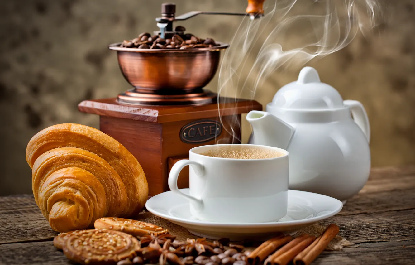 Photo wallpaper coffee, cookies, Cup, saucer, croissant, coffee grinder