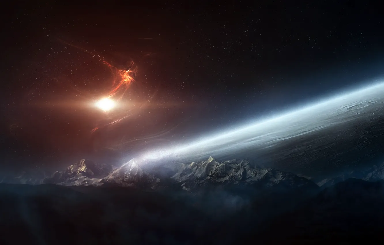 Photo wallpaper space, stars, surface, mountains, nebula, rocks, planet, art