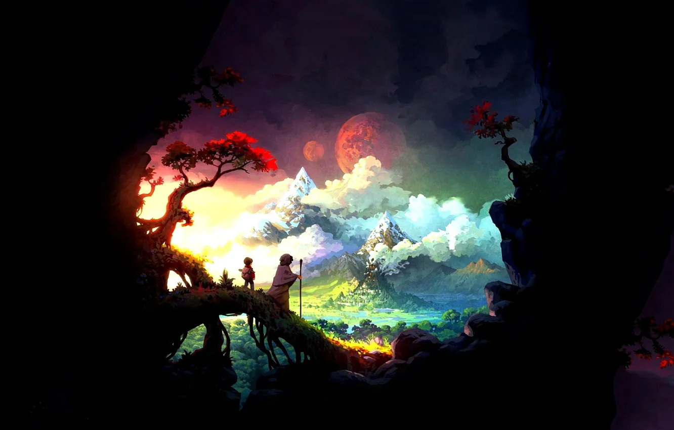 Photo wallpaper clouds, mountains, valley, black background, two, traveler, mountains, clouds