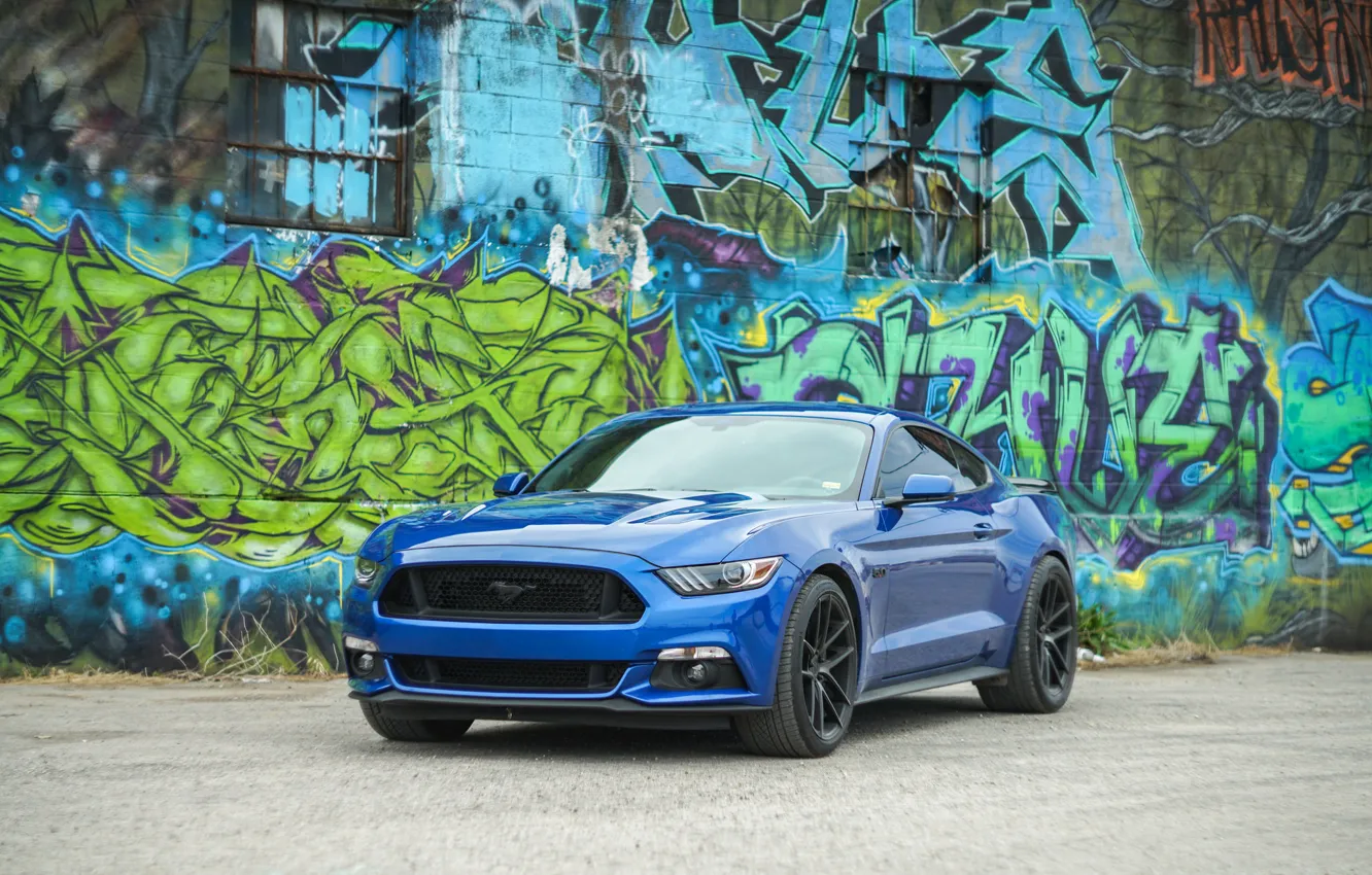 Photo wallpaper blue, background, graffiti, Ford Mustang, the front