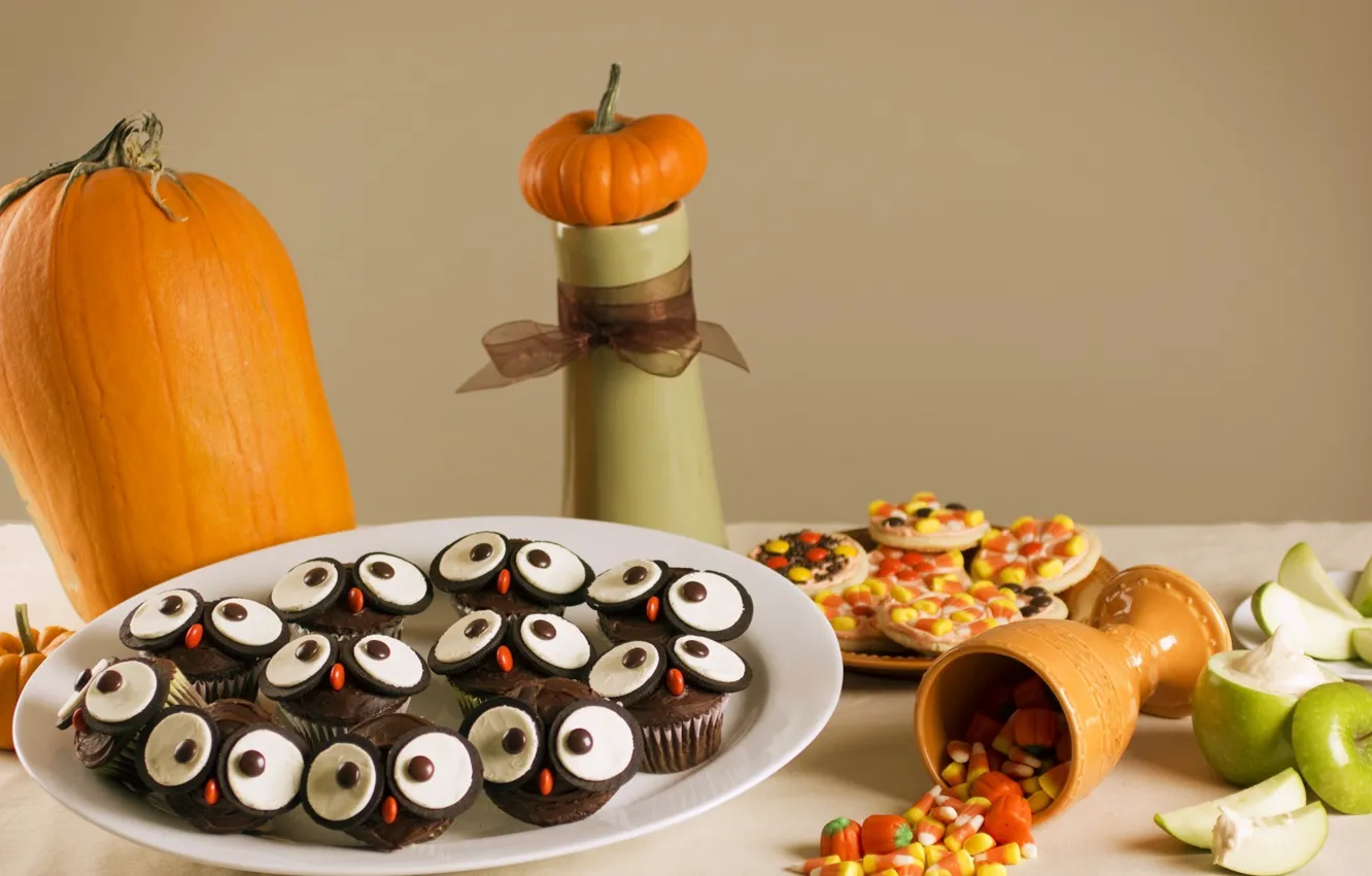 Photo wallpaper apples, cookies, plate, Halloween, pumpkin