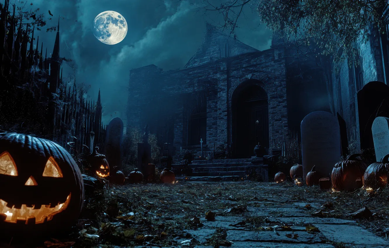 Photo wallpaper night, the moon, cemetery, Halloween, pumpkin, Halloween, horror, digital art